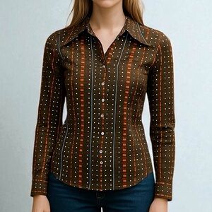 Vintage 70’s V-Neck Vertical Striped Shirt In Brown & Orange | Size M